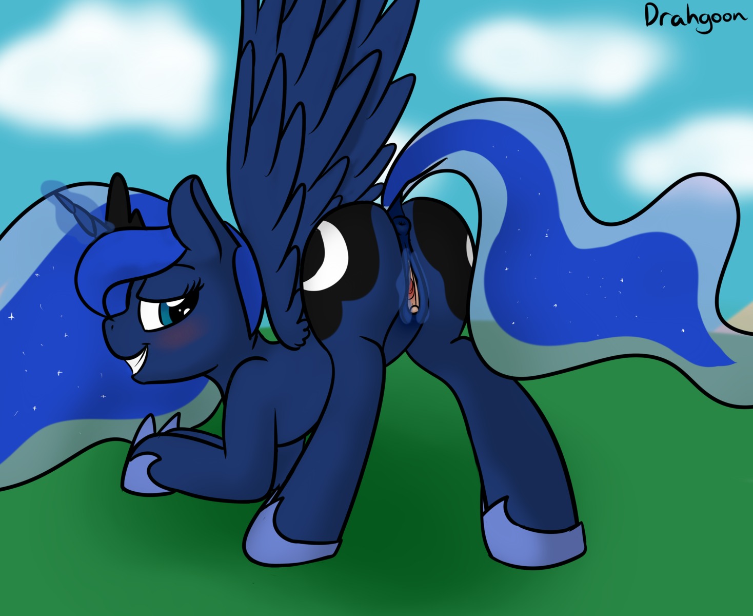 animal_genitalia animal_vulva anus bedroom_eyes blue_body blue_eyes blue_feathers blue_fur blue_hair blush clitoral_winking clitoris cloud crown cutie_mark drahgoon e621 equid equine equine_genitalia equine_vulva feathered_wings feathers female feral friendship_is_magic fur genitals hair half-closed_eyes hasbro headgear hi_res hooves horn long_hair looking_at_viewer magic mammal my_little_pony mythological_creature mythological_equine mythology narrowed_eyes outside presenting princess_luna_(mlp) seductive sky smile solo spread_legs spread_vulva spreading teeth vulva winged_unicorn wings