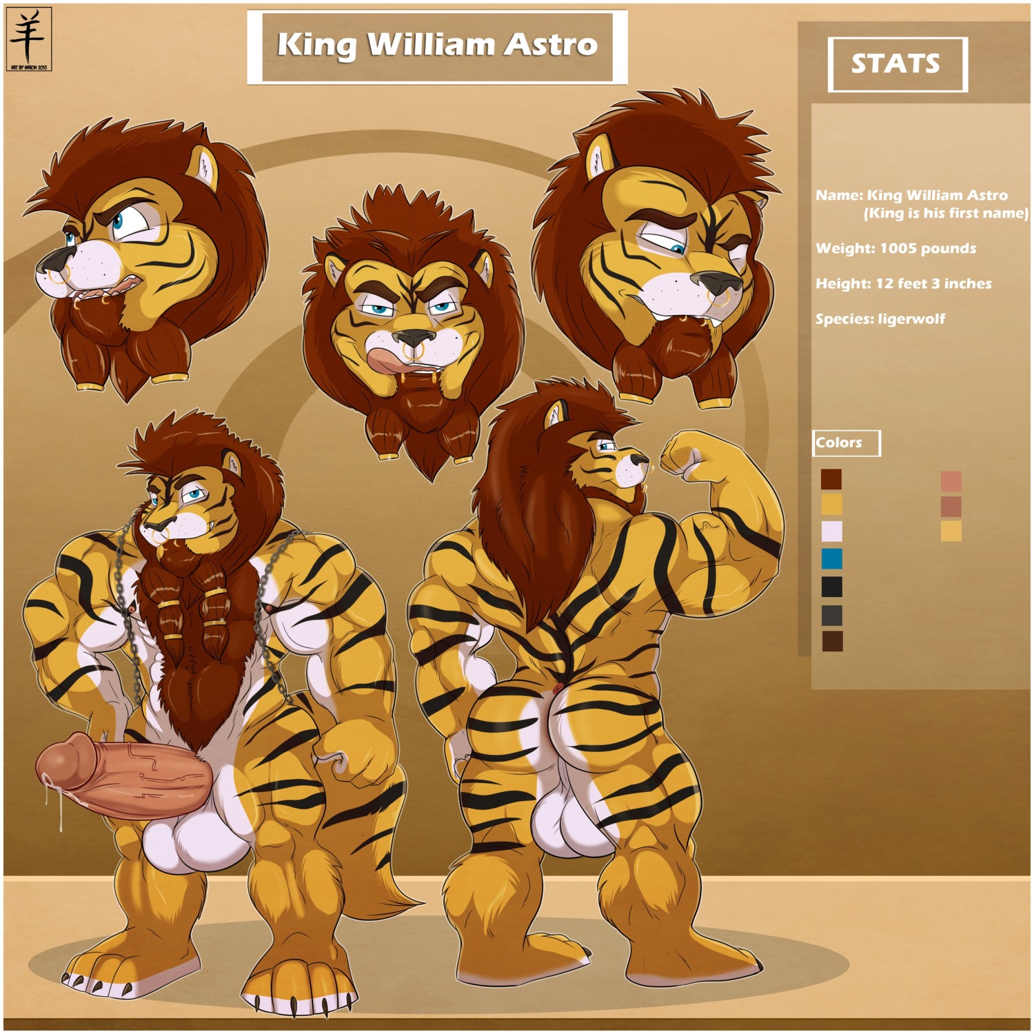 1:1 2013 aaron_(artist) abs absurd_res animal_genitalia anthro anthrofied astro_(marxeen) athletic backsack balls beard biceps big_muscles big_penis biped black_body black_fur black_nose blue_eyes brown_body brown_fur brown_hair butt canid canine canis chain circumcised claws digital_media_(artwork) e621 english_text erection facial_hair facial_piercing fangs felid flexing frown fur genitals goatee grin hair hi_res humanoid_genitalia humanoid_penis hybrid liger lion looking_at_viewer looking_back male mammal mane markings model_sheet muscular muscular_anthro muscular_male nipples nose_piercing nose_ring nude open_mouth orange_body orange_fur pantherine pecs penis piercing pose presenting presenting_hindquarters ring_piercing septum_piercing sheath smile solo standing stripes tail teeth text tiger toe_claws tongue tongue_out vein white_body white_fur wolf