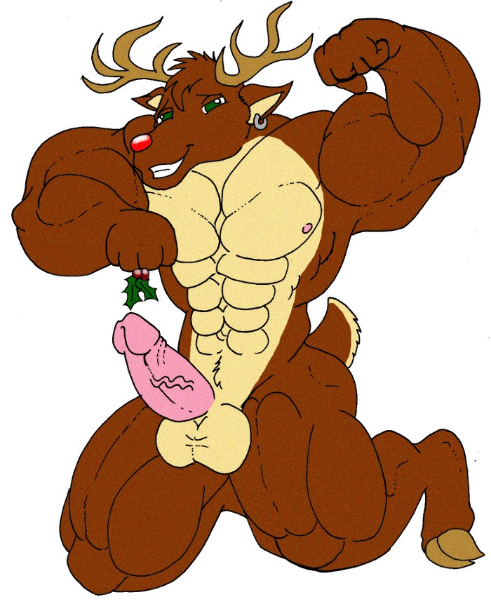 anthro anthrofied christmas deer front_view huge_muscles kneeling male male_only mistletoe muscles nude penis red_nose reindeer rudolph rule34 solo tagme