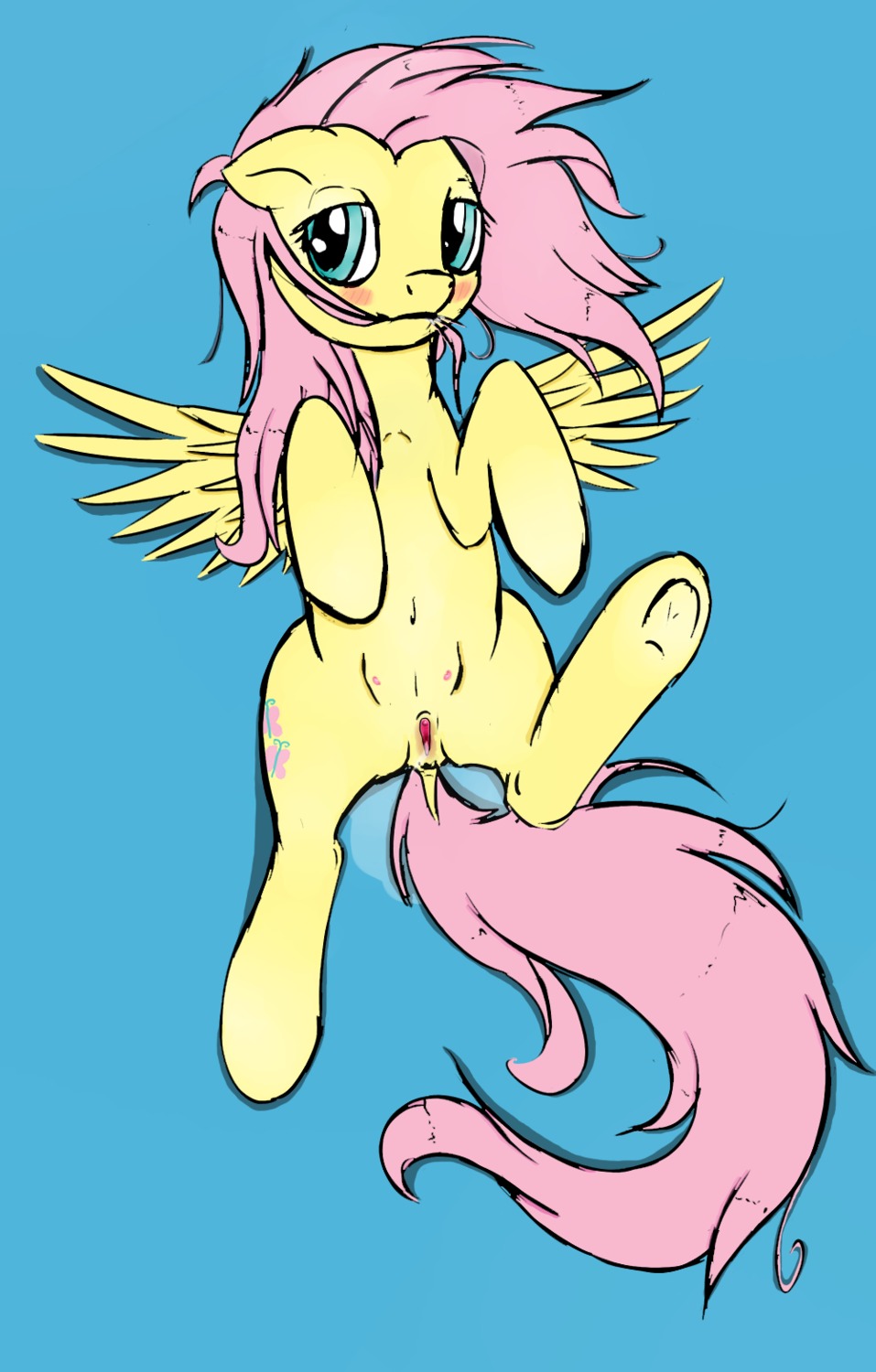 2013 blue_eyes blush cutie_mark e621 equid equine feathered_wings feathers female feral fluttershy_(mlp) friendship_is_magic fur genitals hair hasbro hi_res hieronymuswhite lying mammal my_little_pony mythological_creature mythological_equine mythology on_back pegasus pink_hair solo teats vulva wings yellow_body yellow_feathers yellow_fur