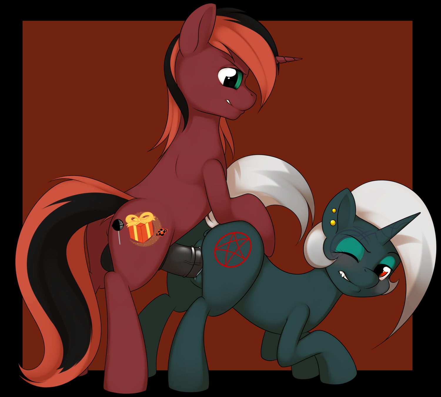 absurd_res all_fours anatomically_correct anatomically_correct_genitalia anatomically_correct_penis animal_genitalia animal_penis anus ass_up backsack balls bent_over black_body black_border black_fur black_penis border candy cutie_mark dessert digital_media_(artwork) doggystyle duo e621 ear_piercing equid equine equine_genitalia equine_penis erection eyelashes eyeshadow fan_character fangs female female_penetrated feral feral_on_feral food from_behind_position fur genitals green_eyes grimace hair hasbro hi_res hooves horn kloudmutt lollipop makeup male male/female male_penetrating male_penetrating_female mammal mane multicolored_hair my_little_pony mythological_creature mythological_equine mythology necronomicon newcandyslair nude one_eye_closed penetration penile penile_penetration penis penis_in_vagina piercing raised_tail red_background red_body red_eyes red_fur sex simple_background smile tail tattoo teeth two_tone_hair unicorn vaginal vaginal_penetration vampire vulva white_hair