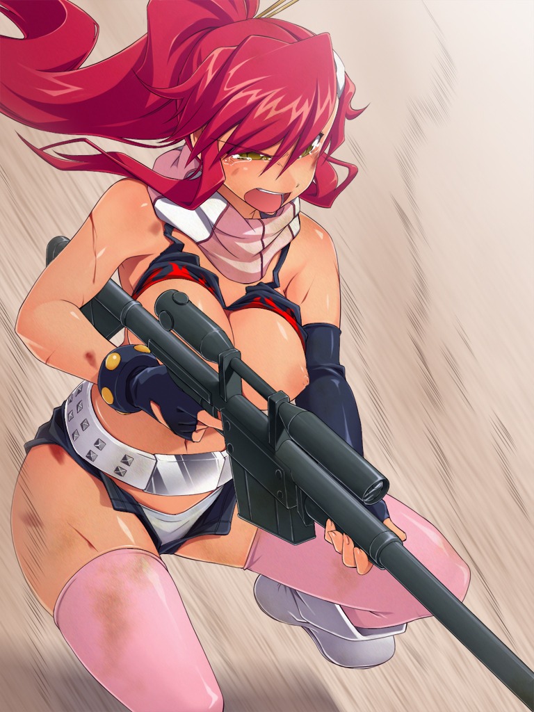 1girls angry belt bikini_top blush boots breasts bruise crying erect_nipples female female_only gun large_breasts long_hair nipples open_mouth panties puffy_nipples red_hair rifle rule34 scarf solo tear tengen_toppa_gurren_lagann thighhighs underwear unzipped weapon wounded yoko_littner