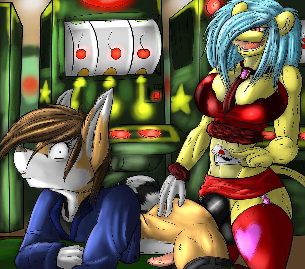 anal anthro anthro_on_anthro anthro_penetrated anthro_penetrating anthro_penetrating_anthro balls bassariscus big_breasts big_penis biped black_penis breasts butt card casino cent_sign cleavage clothed clothing currency_amount currency_symbol digital_media_(artwork) duo e621 erection felid fingers_on_another's_butt fingers_on_butt genitals gynomorph gynomorph/male gynomorph_penetrating gynomorph_penetrating_male heart_clothing heart_legwear heart_print heart_symbol heart_thigh_highs hearts_(suit) holding_card holding_object humanoid_genitalia humanoid_penis intersex intersex/male intersex_penetrating intersex_penetrating_male kari_(makarimorph) kendall_(sirkain) legwear lion makarimorph male male_penetrated mammal mistress number pantherine penetration penile penis playing_card price print_clothing print_legwear print_thigh_highs procyonid ring-tailed_cat sex slot_machine spades_(suit) suit_symbol symbol thigh_highs touching_butt