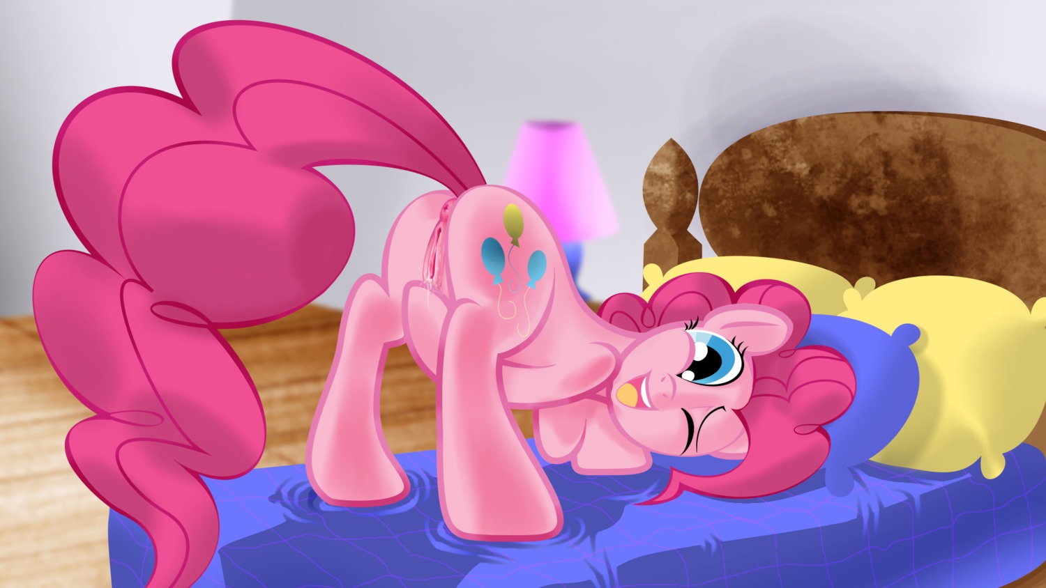 16:9 animal_genitalia bedroom blue_eyes bodily_fluids cutie_mark e621 earth_pony equid equine female feral friendship_is_magic fur genital_fluids genitals hair hasbro hi_res horse mammal masturbation my_little_pony one_eye_closed pink_body pink_fur pink_hair pinkie_pie_(mlp) pony solo unknown_artist vaginal vaginal_fluids vaginal_masturbation vulva widescreen wink