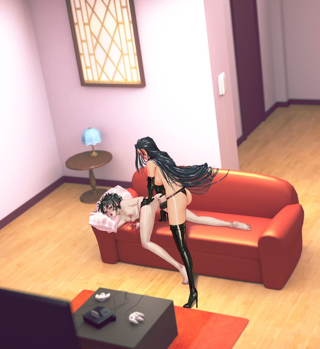 3d anus ass black_hair black_lagoon bondage boots breasts couch dominatrix elbow_gloves female femdom femsub frederica_sawyer from_behind gloves high_heels highres joixxx large_breasts latex legs long_hair long_legs multiple_females multiple_girls nintendo_64 nipple_chain nipple_piercing nipples nude panties piercing pussy rule34 sex shenhua shoes sideboob strap-on strapon thigh_boots thighhighs thighs thong uncensored underwear vaginal_penetration very_long_hair yuri