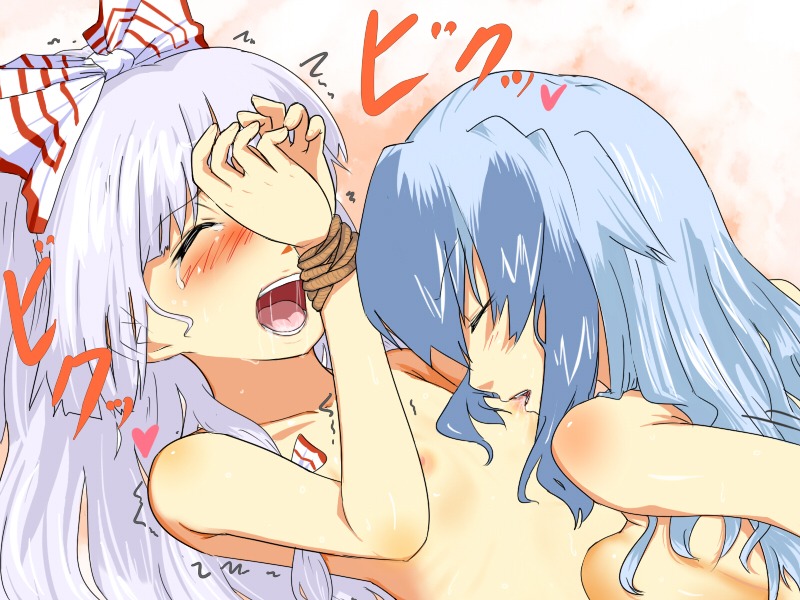 bite biting blue_hair blush bow closed_eyes female flat_chest fujiwara_no_mokou hairbow keine_kamishirasawa loggy multiple_females multiple_girls nipple_biting nipples open_mouth rope rule34 silver_hair tears touhou yuri
