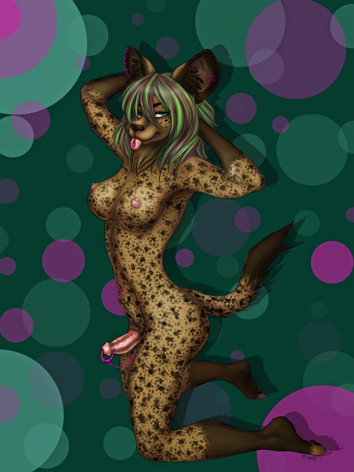 2008 anthro biped breasts copperfur e621 ear_piercing erection frenum_piercing genital_piercing genitals gynomorph humanoid_genitalia humanoid_penis hyena intersex kneeling mammal nipples nude penis penis_piercing piercing prince_albert_piercing solo spotted_hyena tongue tongue_piercing