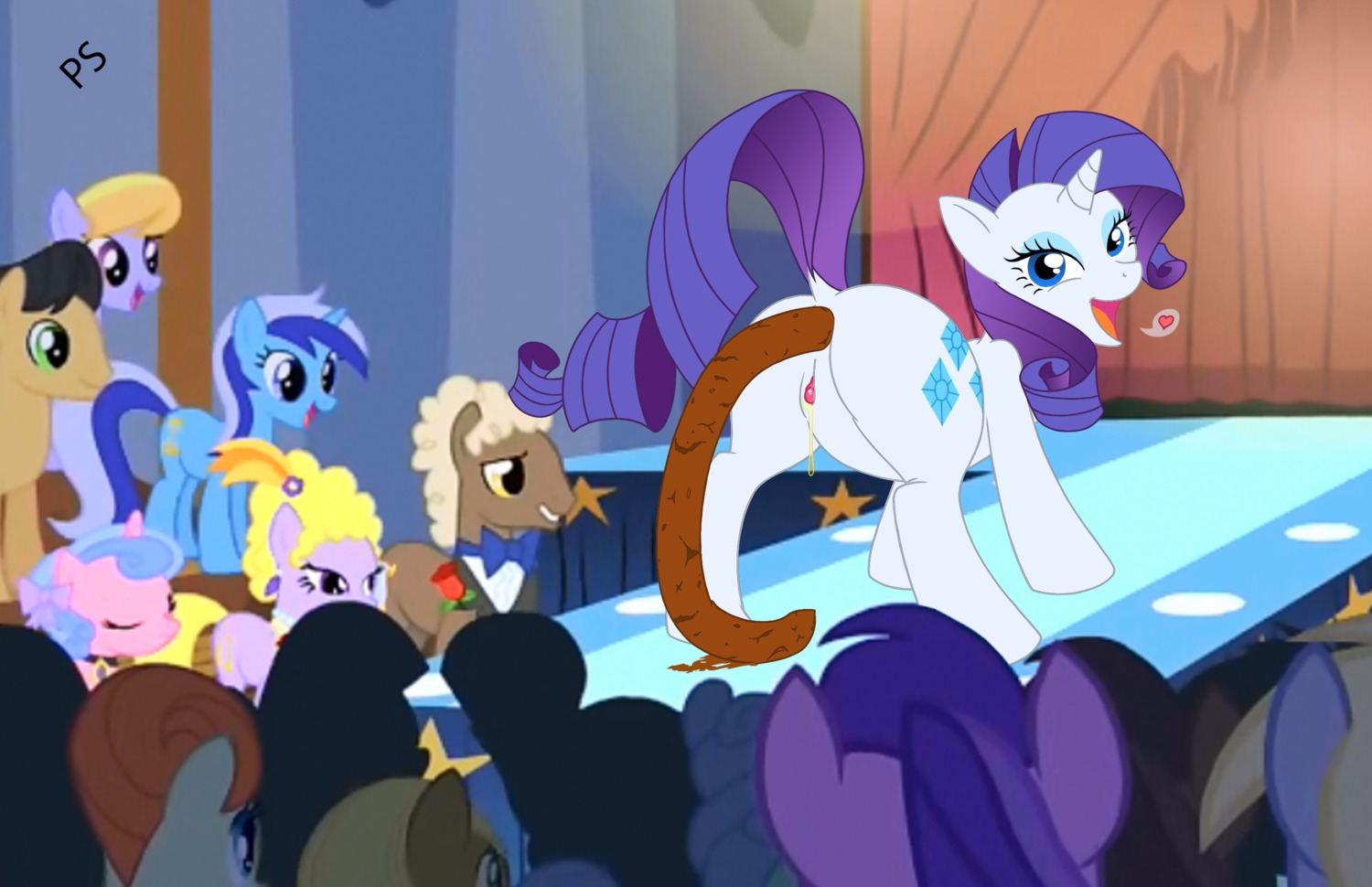 black_hair blue_body blue_eyes blue_eyeshadow blue_fur bodily_fluids bow_(feature) bow_tie brown_body brown_fur clothing crowd cutie_mark e621 equid equine eyes_closed eyeshadow feces female female_peeing feral friendship_is_magic fur genital_fluids genitals green_eyes grey_body grey_fur group hair hasbro heart_symbol hi_res horn looking_at_viewer looking_back makeup mammal minuette_(mlp) multicolored_hair my_little_pony mythological_creature mythological_equine mythology open_mouth peeing penetration pooping public purple_eyes purple_hair rarity_(mlp) scatplay smile standing tongue two_tone_hair unicorn unknown_artist urine vulva white_body white_fur yellow_eyes