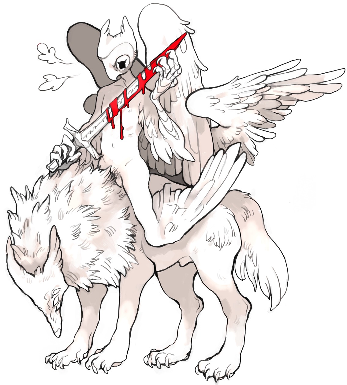 2012 ambiguous_gender andras anthro avian blood bodily_fluids claws demon digitigrade duo e621 feathered_wings feathers feral fur genitals hi_res male melee_weapon monochrome multi_eye nipples nude penis quadruped riding simple_background straddling sword tail the_lesser_key_of_solomon weapon white_background white_body white_feathers white_fur wings yolk_(artist)