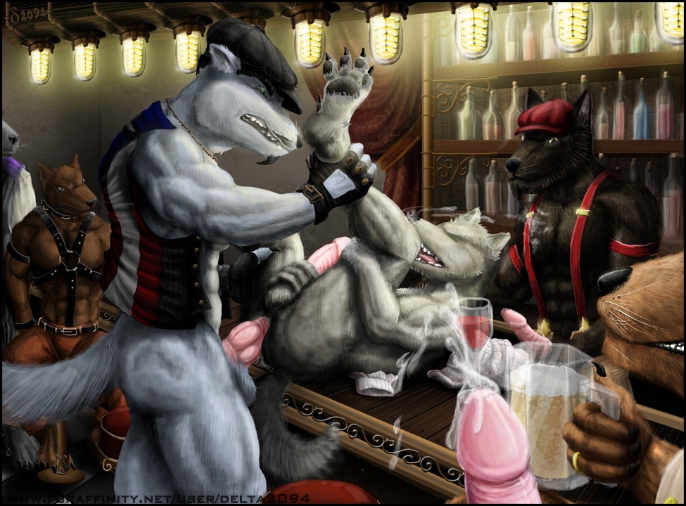 abs alcohol anal anal_penetration anthro anthro_on_anthro anthro_penetrated anthro_penetrating anthro_penetrating_anthro balls bar bartop beard beer beverage bodily_fluids bottomless canid canine clothed clothing cum cumshot delta2094 e621 ejaculation erection facial_hair food from_front_position genital_fluids genitals group liquor male male/male male_penetrated male_penetrating male_penetrating_male mammal muscular muscular_anthro muscular_male mustache nude orgasm penetration penile penile_penetration penis penis_in_ass public public_sex queue sex size_difference straps tail unusual_anatomy unusual_genitalia unusual_penis