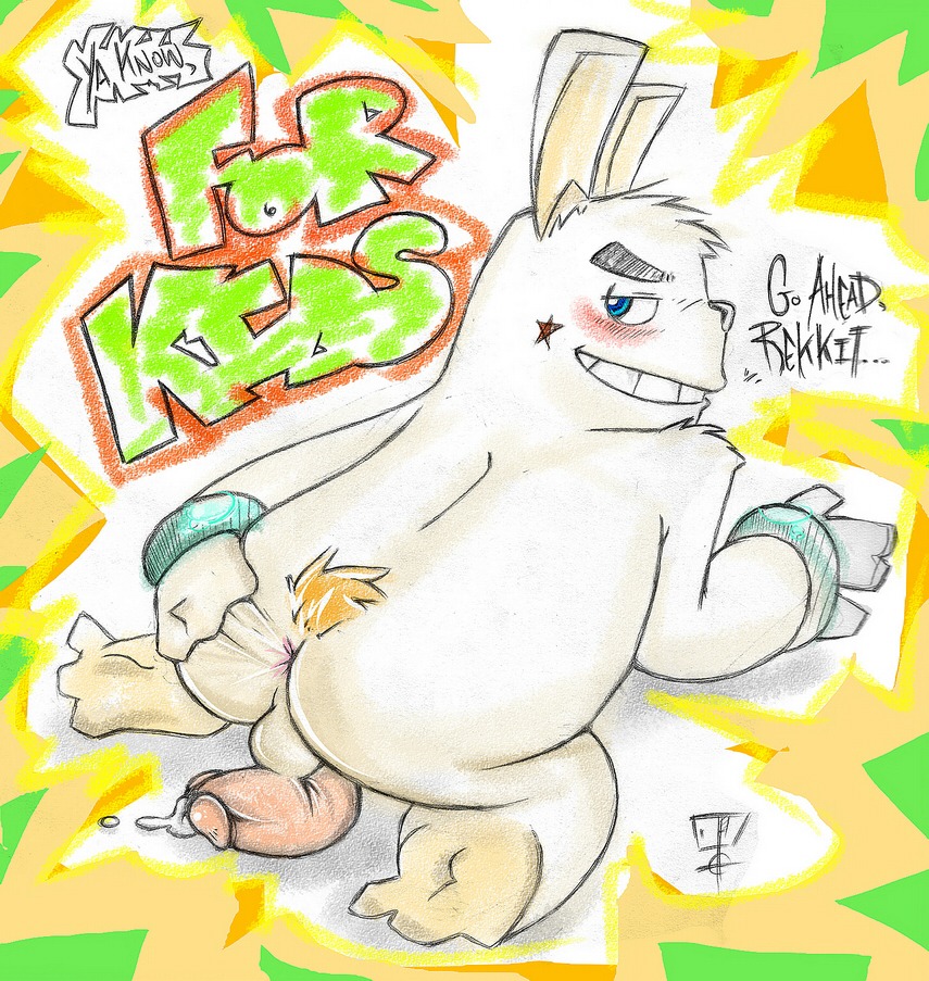 anus backsack balls blue_eyes bodily_fluids butt disney dj_mixer e621 genital_fluids genitals half-erect lagomorph leporid male mammal penis penis_backwards precum rabbit rekkit_rabbit rekkit_rabbit_(character) solo
