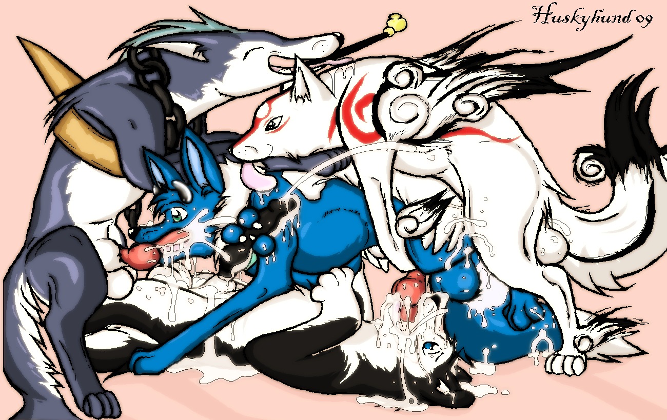 2009 amaterasu_(okami) anal anal_penetration balls bandai_namco bodily_fluids canid canine canis capcom clover_studio crossgender cum cum_on_face cumshot deity deretto_alexiel domestic_dog e621 ejaculation erection fellatio feral feral_on_feral foursome genital_fluids genitals group group_sex handjob horn huskyhund kiseru knot male male/male male_penetrated male_penetrating male_penetrating_male mammal okami_(capcom) oral oral_penetration orgasm penetration penile penis repede sex smoking_pipe tail tales_of_(series) tales_of_vesperia wings wolf