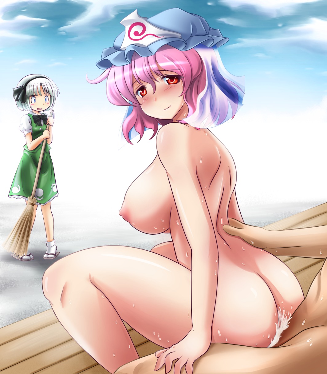 arched_back blue_eyes blush blush_stickers breasts broom cowgirl_position cum cum_inside curvy doggy_style female happy_sex highres huge_breasts multiple_females multiple_girls nipples nude pink_hair red_eyes reverse_cowgirl_position rule34 sex shin'en_(gyokuro_company) shinryoku_(j-1) short_hair smile straddle sweat touhou white_hair youmu_konpaku yuyuko_saigyouji