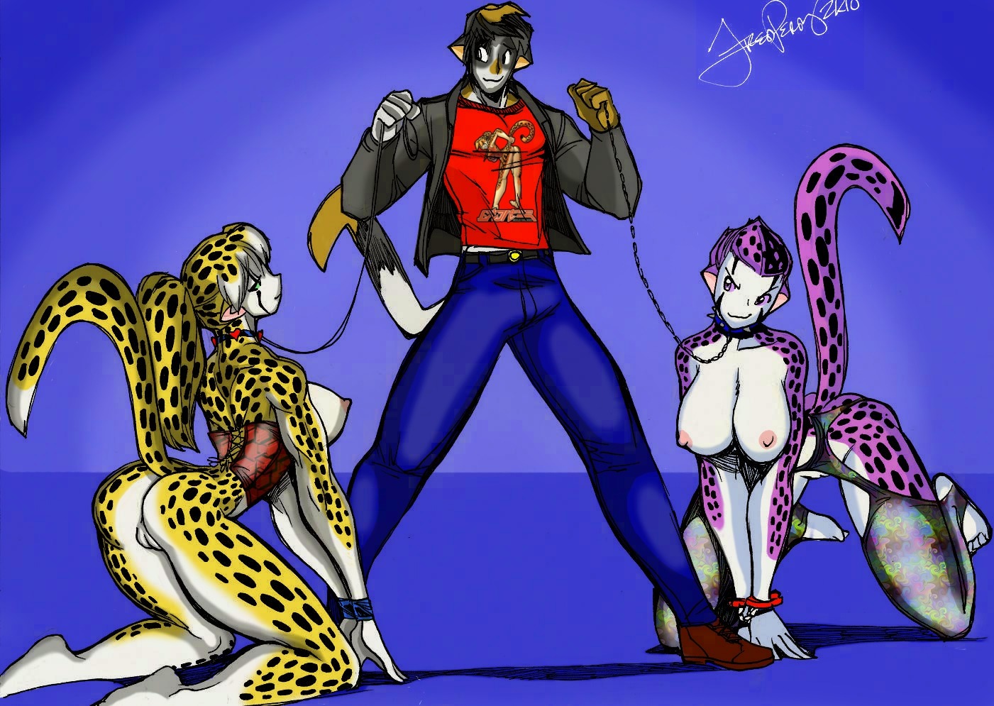 all_fours big_breasts breasts cheetah clothing collar corset e621 felid feline female fred_perry fur garter_belt garter_straps genitals group heart_symbol leash legwear lingerie male mammal maverikat nipples purple_body purple_fur stockings tail topwear vulva yellow_body yellow_fur