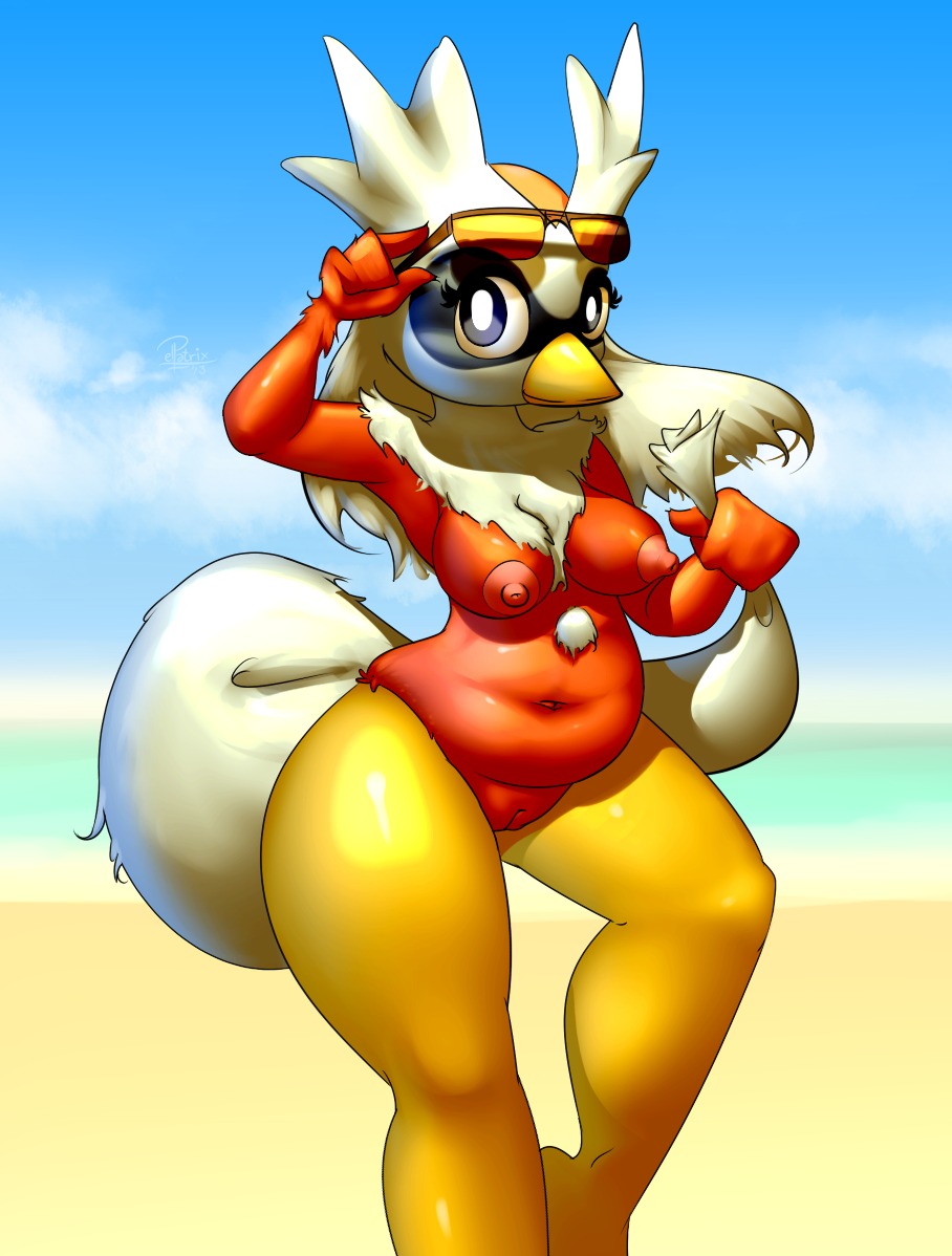 2013 anthro anthrofied avian bag barefoot beach beak biped bird blue_eyes breasts cloud delibird detailed_background digital_media_(artwork) e621 elpatrixf eyelashes eyewear feet female fur generation_2_pokemon genitals glasses glistening grasp happy looking_at_viewer navel nintendo nipples non-mammal_breasts non-mammal_nipples nude outside pokemon pokemon_(species) pokemorph raised_arm red_body red_fur sand sea seaside shadow sky slightly_chubby smile solo standing thick_thighs vulva water white_body white_fur