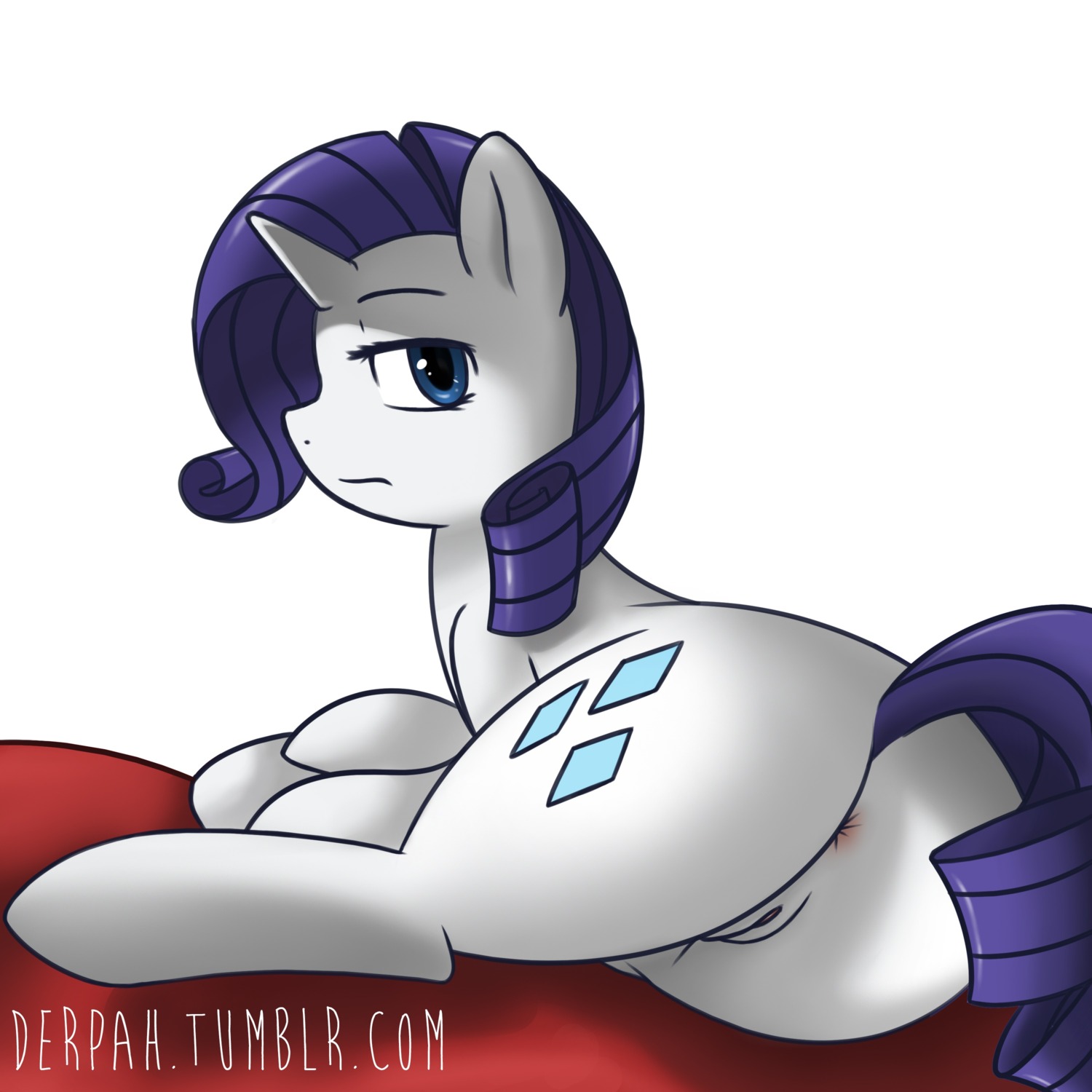 1:1 2013 absurd_res anus blue_eyes butt cutie_mark digital_media_(artwork) e621 equid equine female feral friendship_is_magic fur genitals hair hasbro hi_res horn looking_at_viewer lying mammal marblesoda my_little_pony mythological_creature mythological_equine mythology on_side purple_hair rarity_(mlp) simple_background solo unicorn vulva white_background white_body white_fur