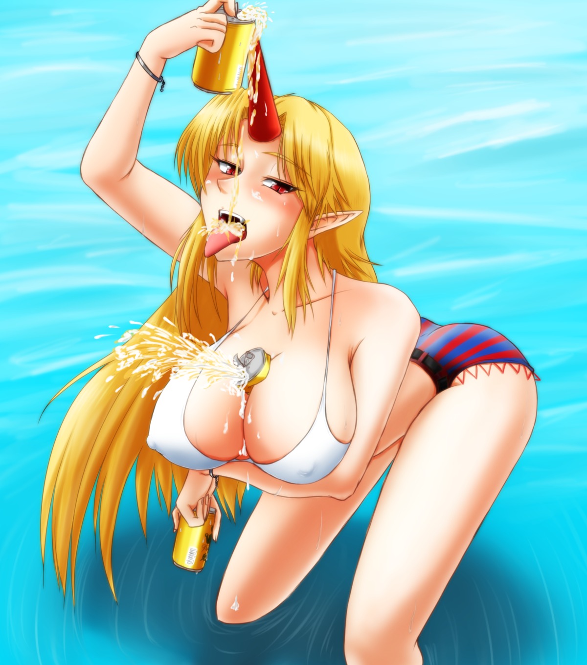alcohol between_breasts blonde_hair breasts clothed drunk female horn hoshiguma_yuugi looking_at_viewer pointy_ears red_eyes rule34 standing tagme touhou water