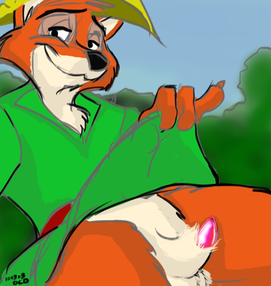 anthro canine clothes day disney draconis fox fur furry male male_only outdoors penis robin_hood_(character) robin_hood_(disney) rough_sketch rule34 smile solo tagme