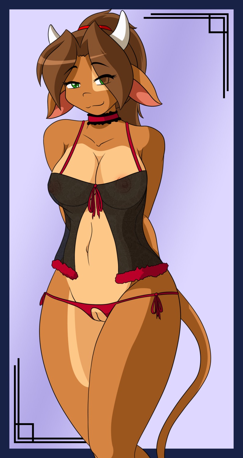 anthro bovid bovine breasts brown_hair cainesart cattle clara_(cainesart) clothing digital_media_(artwork) e621 female genitals green_eyes hair hi_res horn lingerie mammal nipples panties solo tail underwear vulva