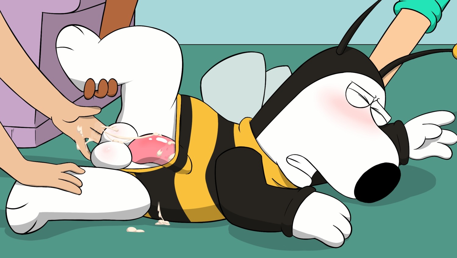 anal anal_penetration anthro balls bee_costume blush bodily_fluids brian_griffin canid canine canis clothing costume cum disembodied_hand domestic_dog e621 erection family_guy fingering genital_fluids genitals group hi_res male mammal nepp on_model penetration penis solo_focus