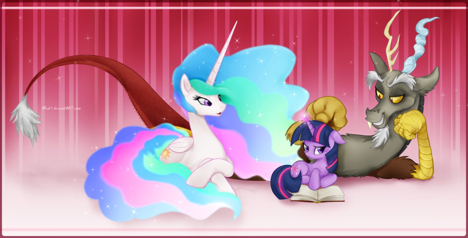 2011 antlers blue_hair book chimera cutie_mark discord_(mlp) draconequus e621 equid equine feathered_wings feathers female feral friendship_is_magic fur green_hair grey_body grey_fur group hair hasbro hi_res horn lying male mammal mn27 multicolored_hair my_little_pony mythological_creature mythological_equine mythology on_side open_mouth pink_hair princess princess_celestia_(mlp) purple_body purple_eyes purple_fur purple_hair red_background royalty simple_background smile trying_to_read twilight_sparkle_(mlp) two_tone_hair unicorn white_body white_feathers white_fur winged_unicorn wings yellow_eyes