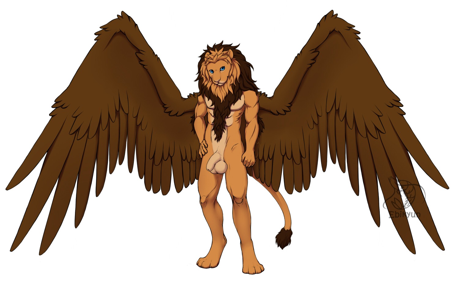 2012 anthro balls biped blue_eyes brown_body brown_feathers digital_media_(artwork) e621 feathered_wings feathers felid flaccid foreskin genitals hand_on_hip humanoid_genitalia humanoid_penis lion looking_at_viewer male mammal mane nude pantherine penis simple_background smile solo standing tail valderic_blackstag white_background wings