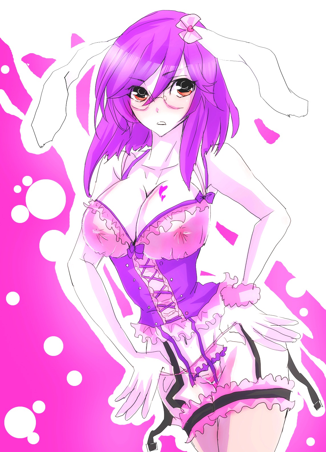 1girls breasts cleavage clothes color eyewear female female_only front_view glasses gundam gundam_00 hair human looking_at_viewer nipples_bulge open_eyes purple_hair red_eyes rule34 rule_63 solo standing tieria_erde