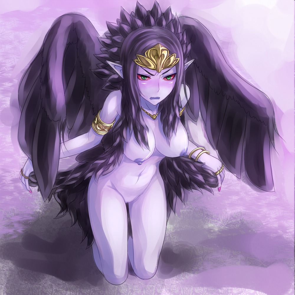 1:1 2012 areola armlet big_breasts black_hair blush bracelet breasts crown duel_monster e621 fabled_grimro feathered_wings feathers female genitals green_eyes hair headgear humanoid_pointy_ears jewelry kneeling konami long_hair navel necklace nipples not_furry nude open_mouth pointy_ears red_sclera ring sakumo simple_background solo vulva wings yu-gi-oh!