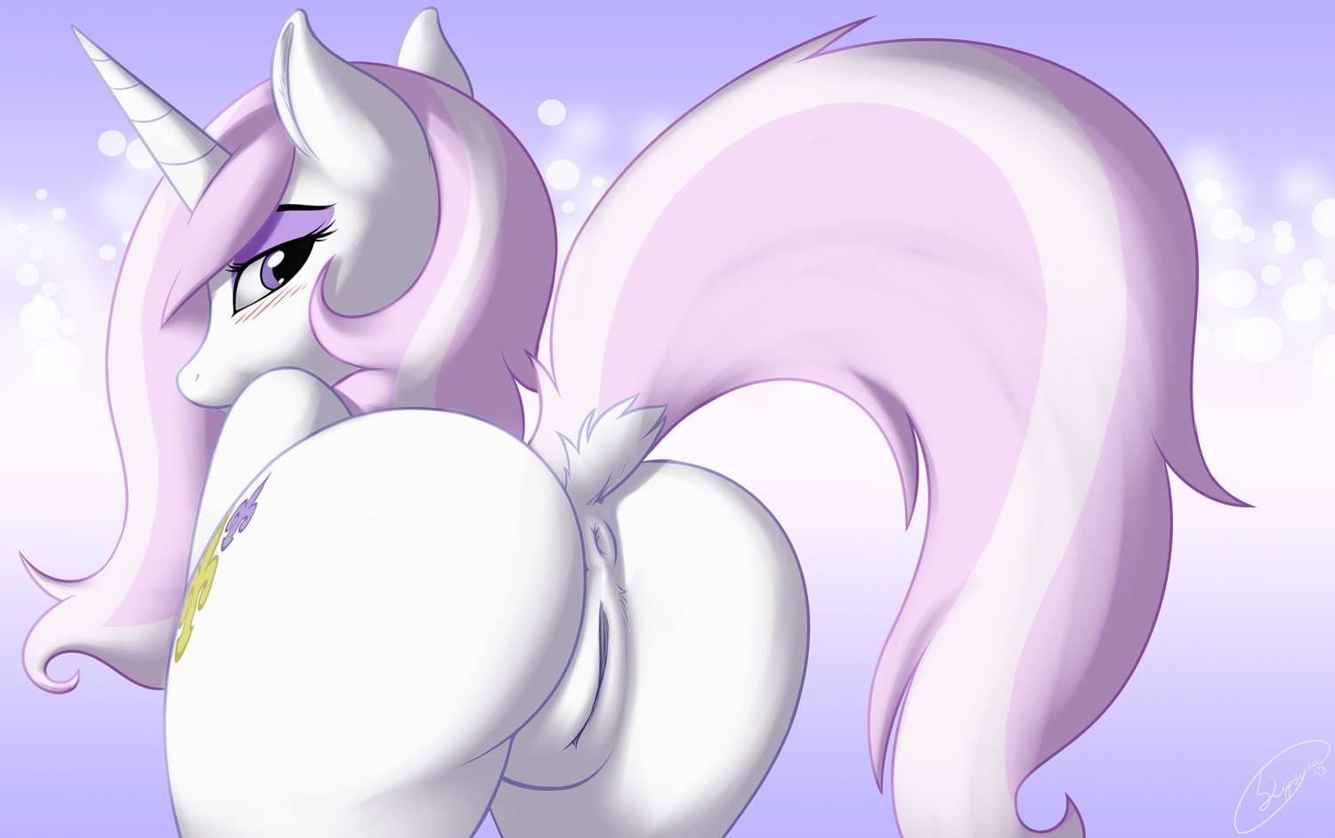 2013 anus blush butt cutie_mark e621 equid equine eyeshadow female feral fleur_de_lis_(mlp) friendship_is_magic fur genitals hair half-closed_eyes hasbro hi_res horn humanoid_genitalia humanoid_vulva looking_at_viewer looking_back makeup mammal multicolored_hair my_little_pony mythological_creature mythological_equine mythology narrowed_eyes perineum presenting presenting_hindquarters purple_eyes rear_view signature skipsy solo tail two_tone_hair unicorn vulva white_body white_fur
