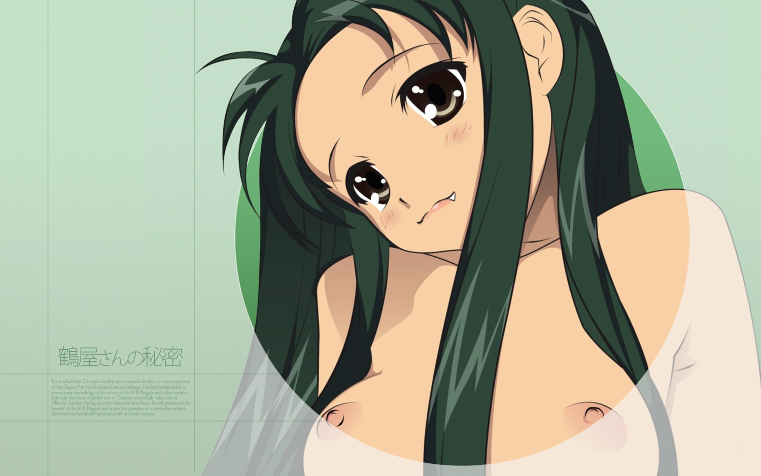 artist_request breasts cute_fang female female_only green_hair high_resolution human long_hair medium_breasts nipples photoshop rule34 solo suzumiya_haruhi_no_yuuutsu topless tsuruya