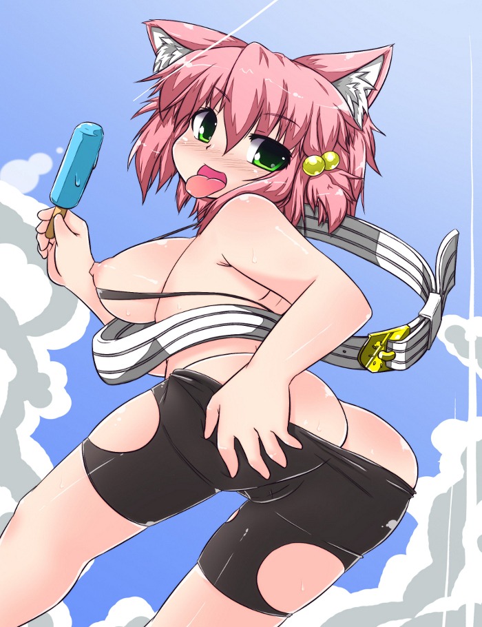 7th_dragon animal_ears ass backboob breasts cat_ears doriruneko female food green_eyes large_breasts looking_back nipples pink_hair popsicle rule34 sanada_mike short_hair solo