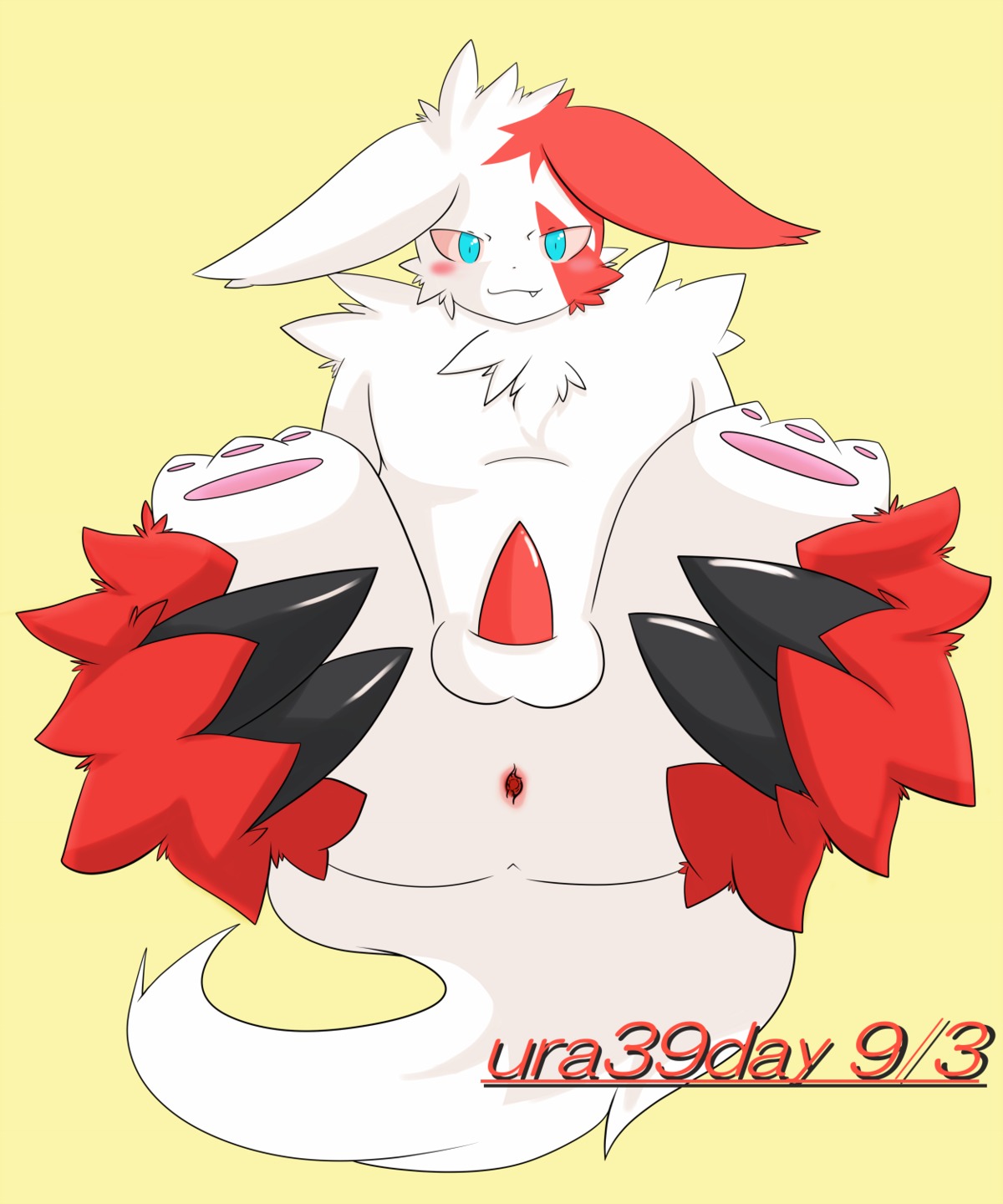 5:6 anus blue_eyes e621 erection fur generation_3_pokemon genitals hi_res looking_at_viewer male markings nintendo penis pokemon pokemon-specific_day pokemon_(species) red_markings reverse_zangoose_day solo white_body white_fur wizz zangoose