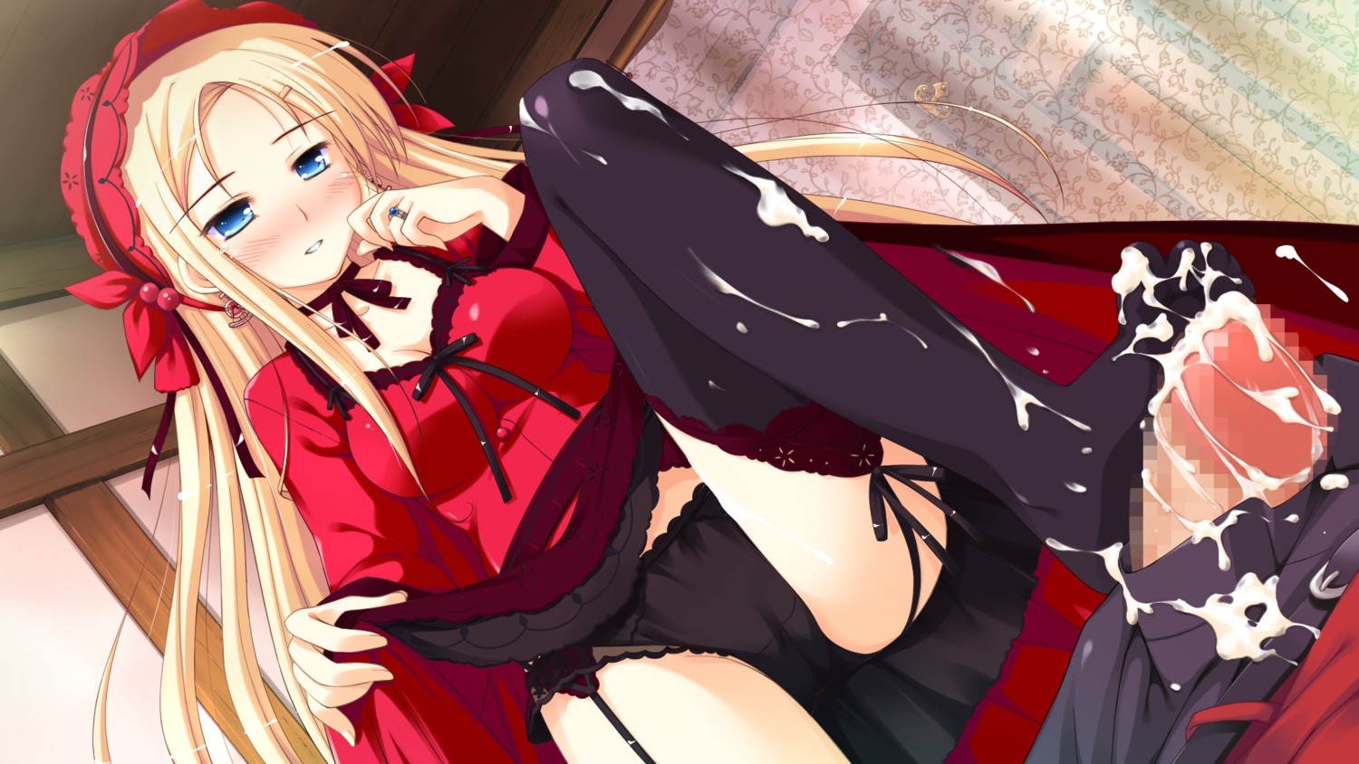 aqua_eyes black_panties blonde_hair blush carina_verritti censored cum dutch_angle feet female femdom footjob garter_straps headdress high_resolution indoors jewelry ko~cha leicester_maycraft long_hair male mosaic mosaic_censoring panties penis ring rule34 shukufuku_no_campanella underwear unseen_male_face