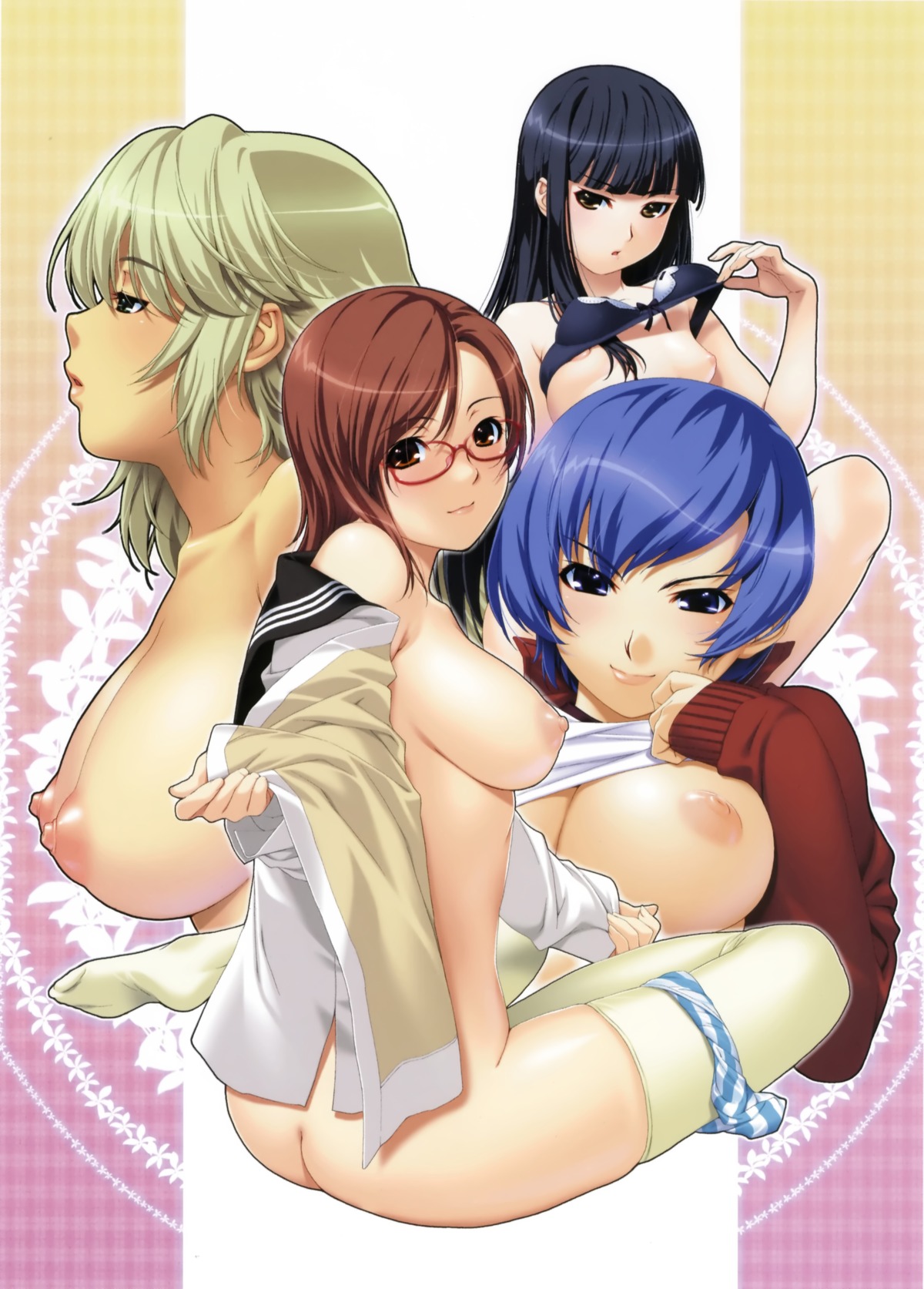 ass ass_crack black_hair blonde_hair blue_eyes blue_hair bra bra_lift breasts brown_eyes brown_hair butt_crack female flat_chest glasses green_eyes high_resolution ino large_breasts lingerie long_hair looking_at_viewer matsuo_chikako morishige_misora niizuma_wa_serafuku nipples nude open_clothes open_shirt panties panties_around_one_leg panty_pull red_eyes rule34 scan school_uniform serafuku shirt shirt_lift short_hair sitting skindentation smile striped striped_panties tazawa_akira thighhighs tsubakiyama_kiyoki underwear undressing