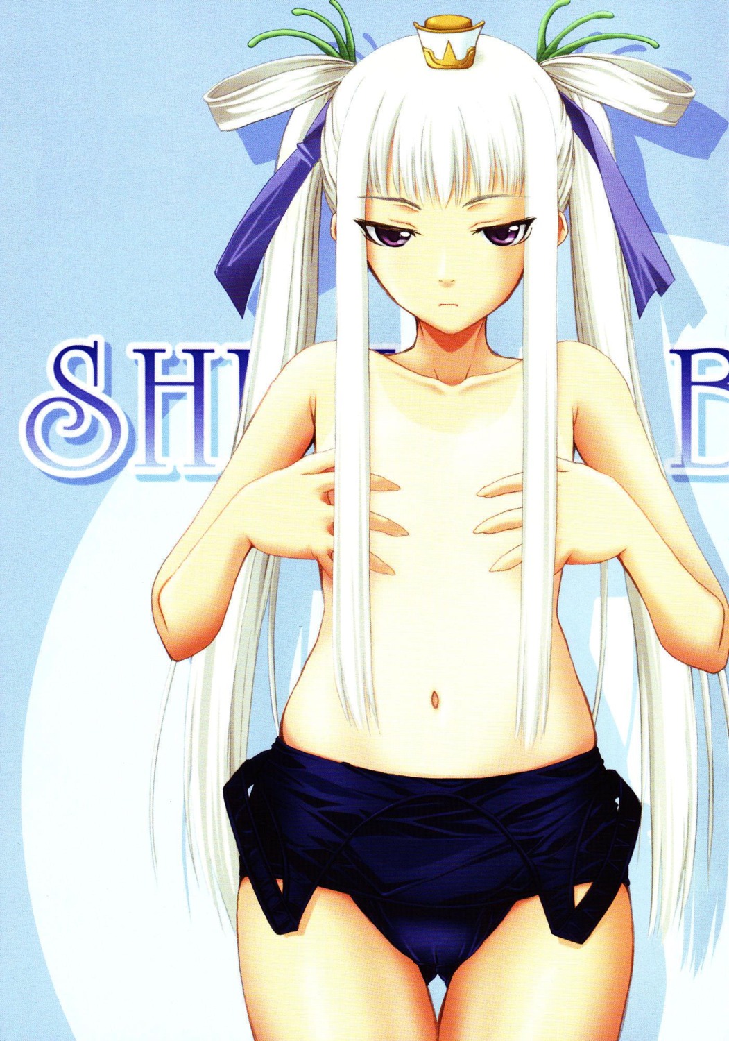 1girls bare_shoulders breasts covering covering_breasts crown female fingernails flat_chest frown hair_ribbon high_resolution houmei long_fingernails long_hair looking_at_viewer navel one-piece_swimsuit pointy_chin purple_eyes ribbon rule34 scan scan_artifacts school_swimsuit shadow shining_(series) shining_wind solo standing swimsuit swimsuit_pull tan tanline thigh_gap tied_hair topless twintails very_long_hair white_hair yoshimura_kentaro