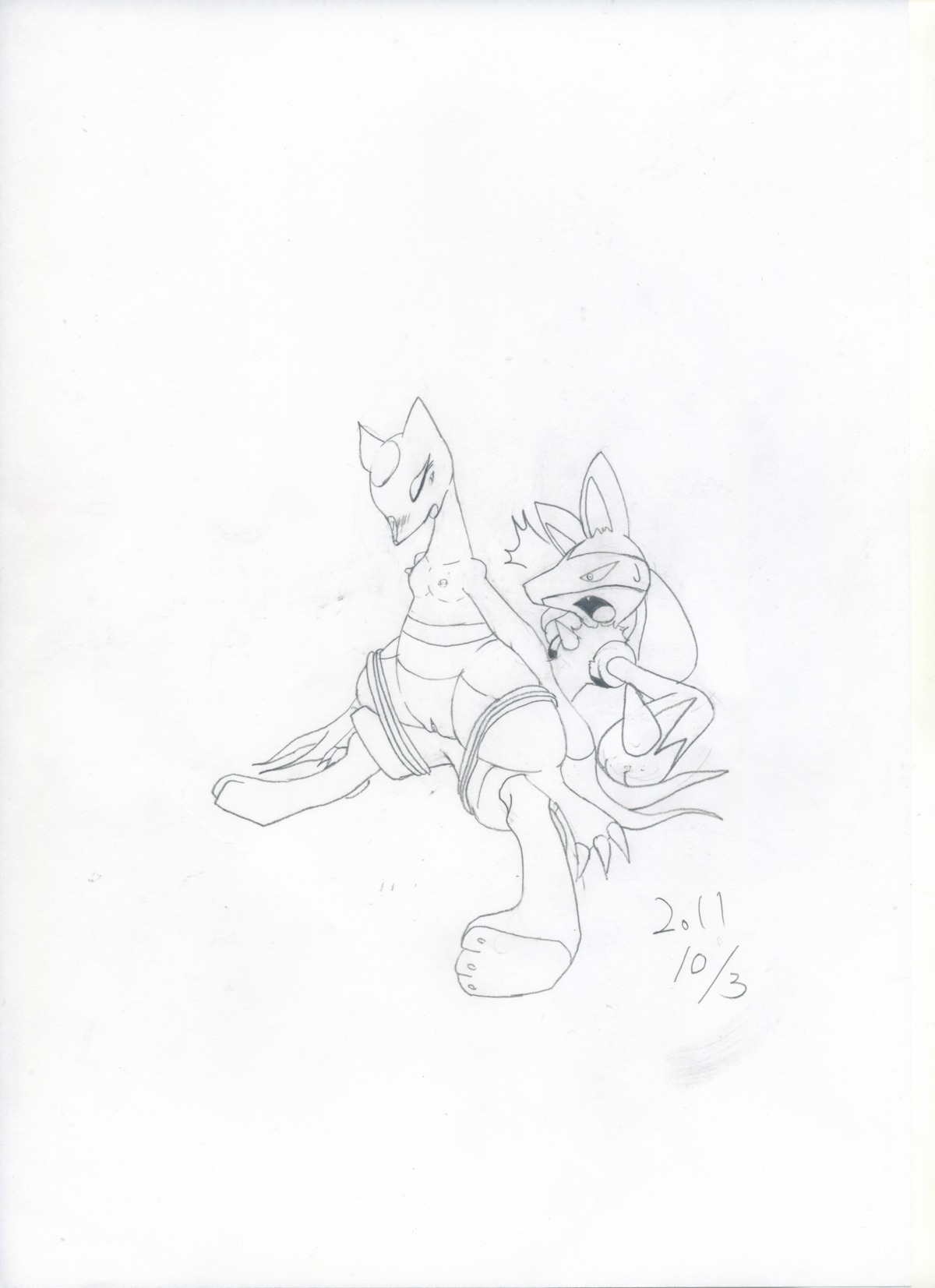 bound female fur furry interspecies lucario male mienshao monochrome nudity pokemon pokemon_(species) rule34 white_background