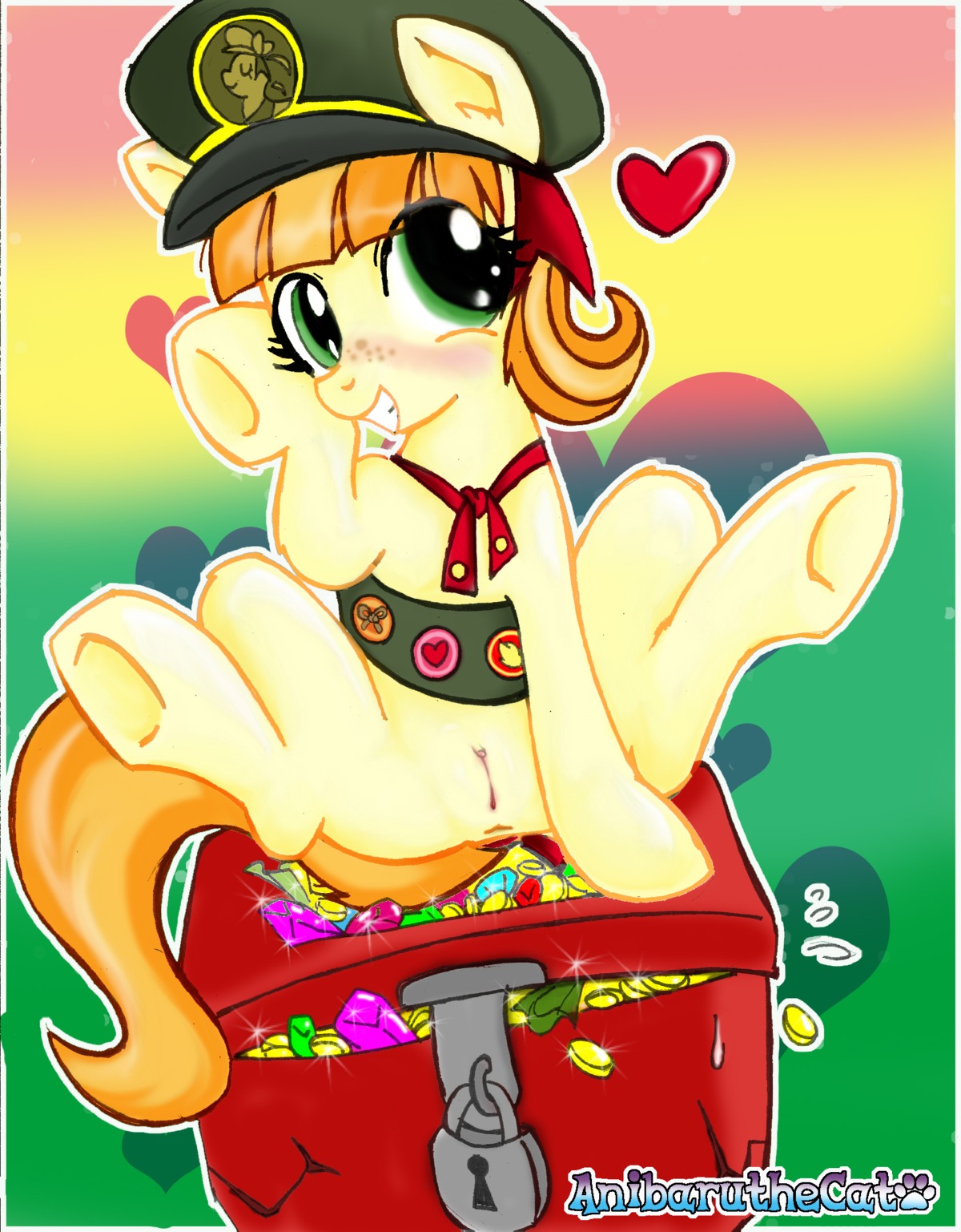 2013 anibaruthecat blush box clothing coin container digital_media_(artwork) e621 equid equine female feral freckles friendship_is_magic genitals ginger_snap_(mlp) girl_scout green_eyes hair hasbro hat headgear headwear heart_symbol hi_res horse loli looking_at_viewer mammal money multicolored_hair my_little_pony orange_hair pony quadruped smile solo spread_legs spreading treasure two_tone_hair vulva young young_female young_feral
