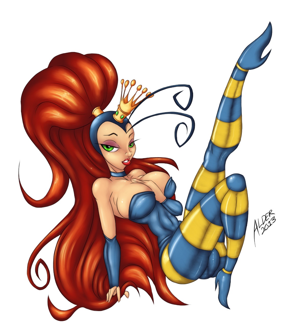 aldergames big_breasts biped breasts bulge cleavage clothed clothing crown e621 earthworm_jim_(series) eyebrows eyelashes eyeshadow full-length_portrait green_eyes gynomorph hair headgear hi_res humanoid intersex long_hair looking_at_viewer makeup not_furry portrait princess_what's-her-name red_hair shaded simple_background skimpy solo strapless_clothing three-quarter_view tight_clothing white_background