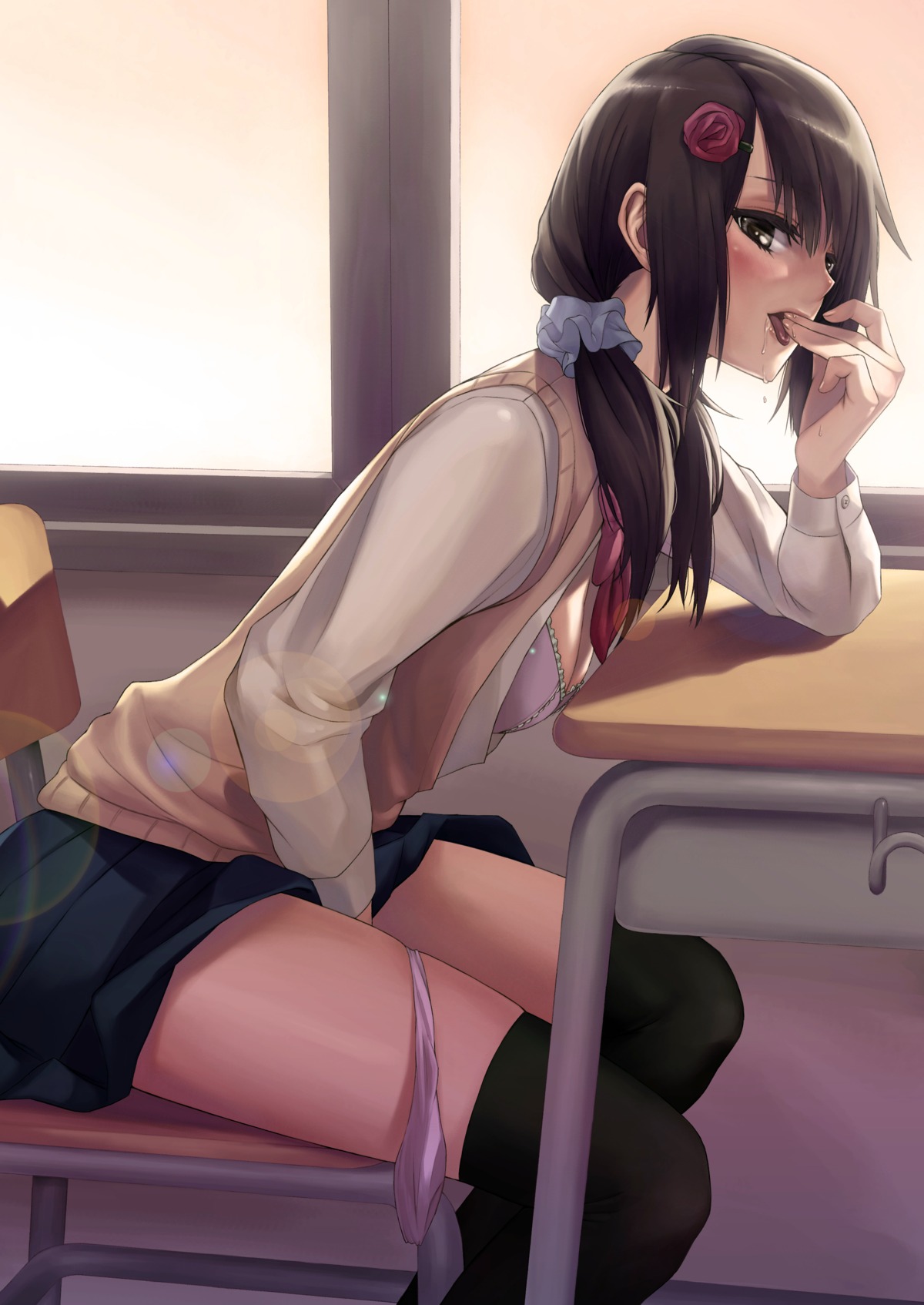 1girls between_legs black_legwear blush bowtie bra breasts brown_hair cleavage clothed_masturbation clothing copyright_request female female_only finger_in_mouth fingernails hair_ornament hairclip high_resolution lens_flare lingerie looking_at_viewer low_twintails masturbation naughty_face open_clothes open_shirt panties panties_around_leg panties_around_one_leg panty_pull pink_bra pink_panties pleated_skirt public public_masturbation rule34 saliva sawaragi school_desk school_uniform secret shirt sitting skirt solo stockings sweater_vest thighhighs tied_hair tongue twintails under_the_table underwear vest