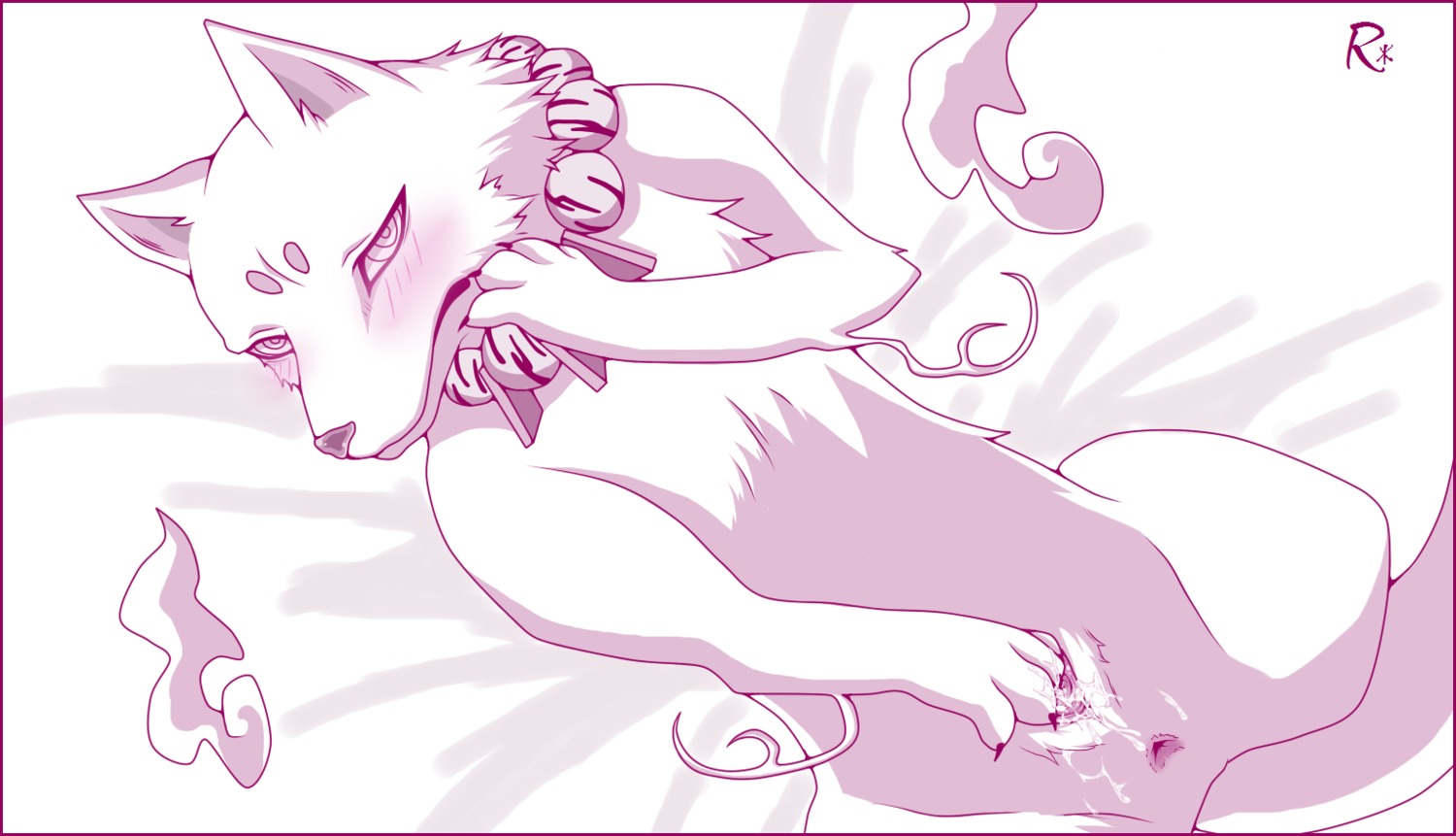 anthro anus blush bodily_fluids border canid canine canis crossgender domestic_dog e621 female fingering fingering_self genital_fluids kekkaishi looking_at_viewer madarao_(kekkaishi) mammal masturbation nude purple_border reina_(artist) solo spirit tail vaginal vaginal_fluids vaginal_masturbation