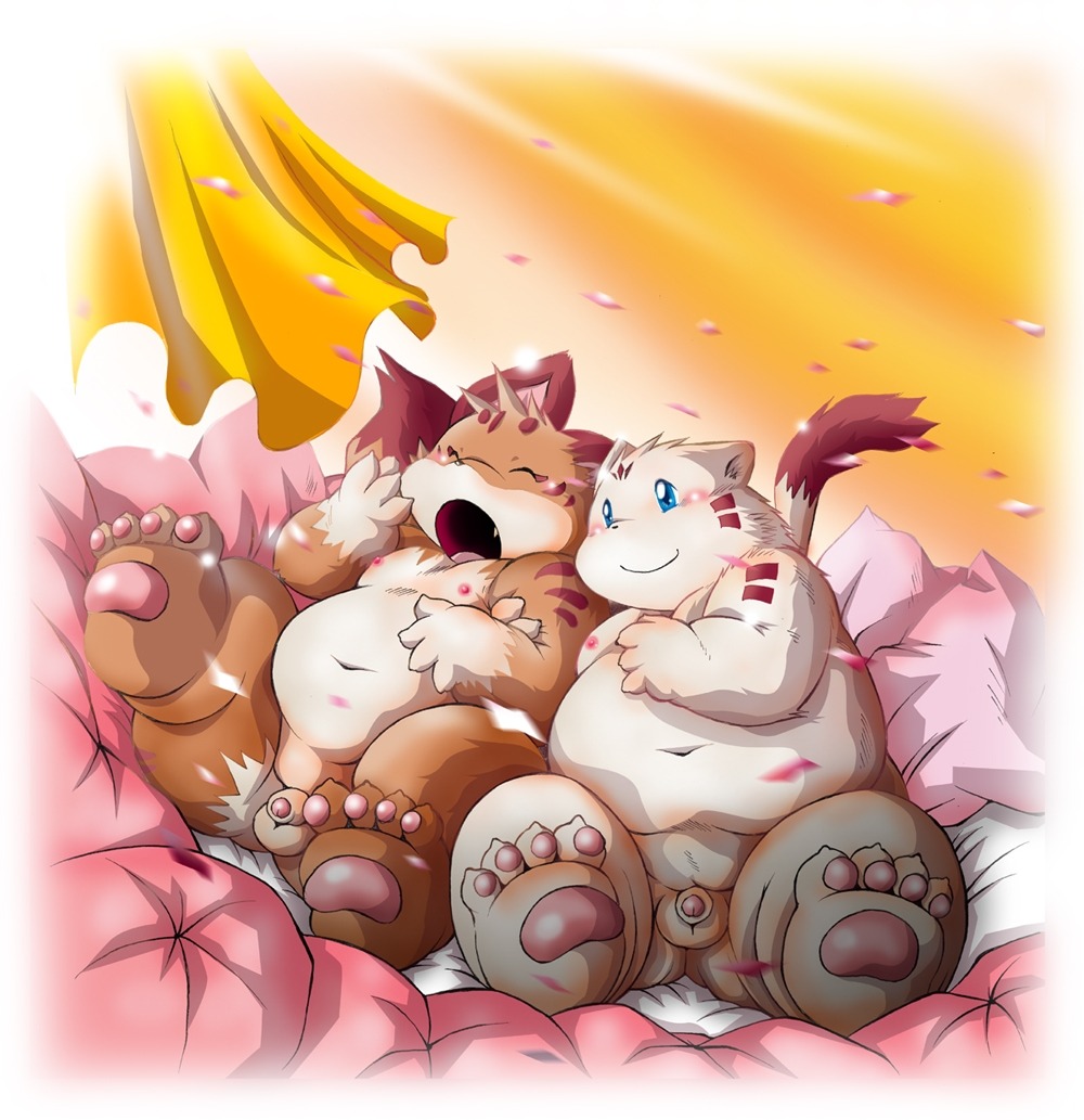 anthro balls bed blush canid canine cherry_blossom chibineco domestic_cat duo e621 eyes_closed feet felid feline felis flaccid flower foreskin fox furniture genitals haru_(chibineco) hindpaw male male/male mammal nude obese overweight partially_retracted_foreskin paws penis plant prunus_(flower) shinobu_(chibineco) tail
