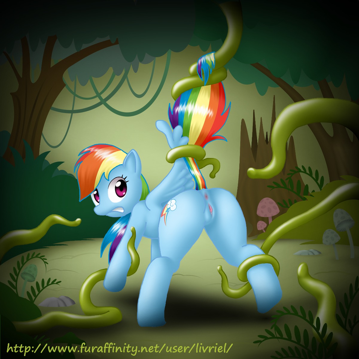 1:1 anus blue_body blue_feathers blue_fur butt cutie_mark detailed_background e621 equid equine everfree_forest feathered_wings feathers female feral forced friendship_is_magic fur genitals hair hasbro hi_res hooves imminent_rape imminent_sex livriel looking_back mammal multicolored_hair multicolored_tail my_little_pony mythological_creature mythological_equine mythology nature outside pegasus pink_anus pink_vulva purple_eyes rainbow rainbow_dash_(mlp) rainbow_hair rainbow_tail raised_tail rape rear_view scared sex shadow solo spread_legs spreading tail tail_grab tail_pull tentacle_rape tentacle_sex tentacles trapped vulva wings