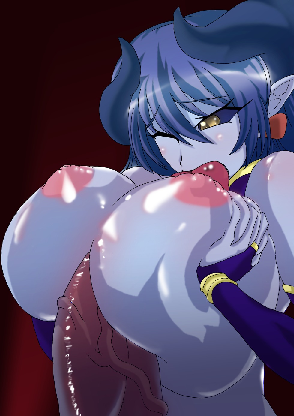 1futa 1girls astaroth astaroth_(shinrabanshou) autopaizuri blue_hair blue_sclera blue_skin blush bracelet breasts erect_nipples erection fellatio female futanari gloves hair horns huge_breasts huge_cock intersex long_hair nipples no_bra one_closed_eyes oral oral_sex outercourse paizuri penis pointy_ears rule34 shimad shinrabanshou straight veins veiny_penis wince yellow_eyes