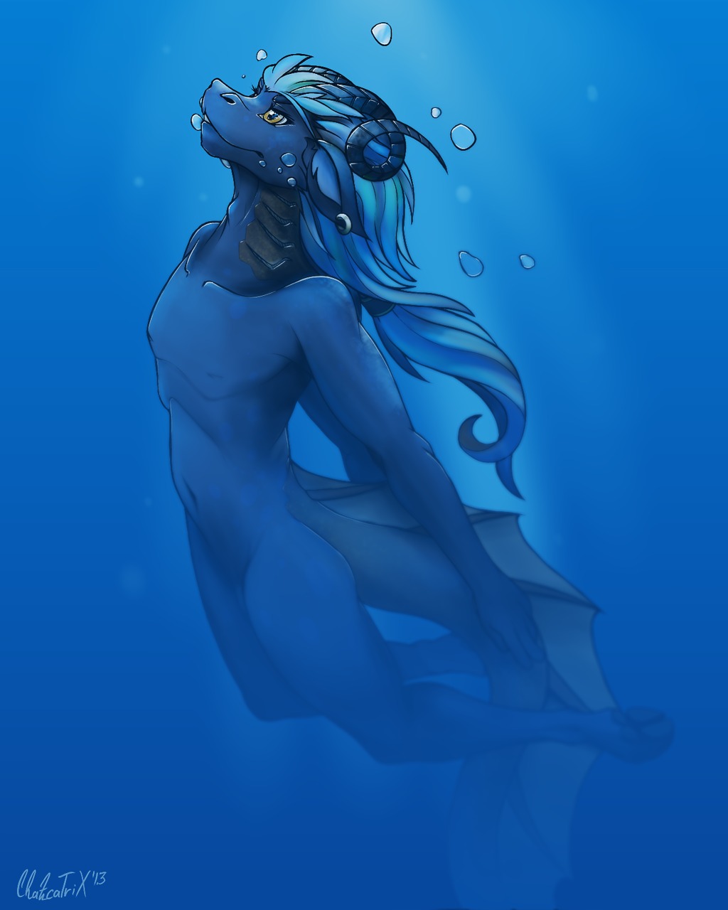 2013 4:5 anthro aquatic barely_visible_genitalia barely_visible_penis blue_theme bovid bubble caprine chazcatrix chazcatrix_(character) curled_horn e621 ear_piercing fin fish_tail genitals gills hair hi_res horn long_hair male mammal mythological_creature mythological_marine mythology navel nude penis penis_base piercing scales scalie sea_goat smile solo swimming tail underwater water yellow_eyes
