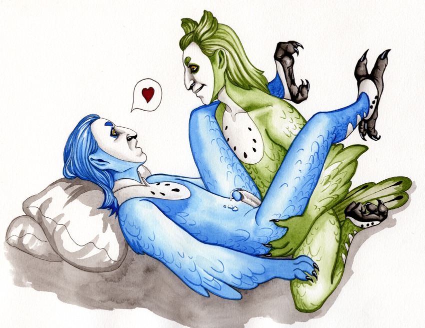 anal animal_humanoid avian avian_humanoid bird bird_humanoid blue_body blue_feathers blue_hair bodily_fluids claws cum duo e621 erection feathers genital_fluids genitals green_body green_feathers green_hair hair heart_symbol hobbitdragon humanoid humanoid_face hybrid long_hair lying male male/male male_penetrated male_penetrating male_penetrating_male owl owl_humanoid penetration penis sex simple_background white_background yellow_eyes