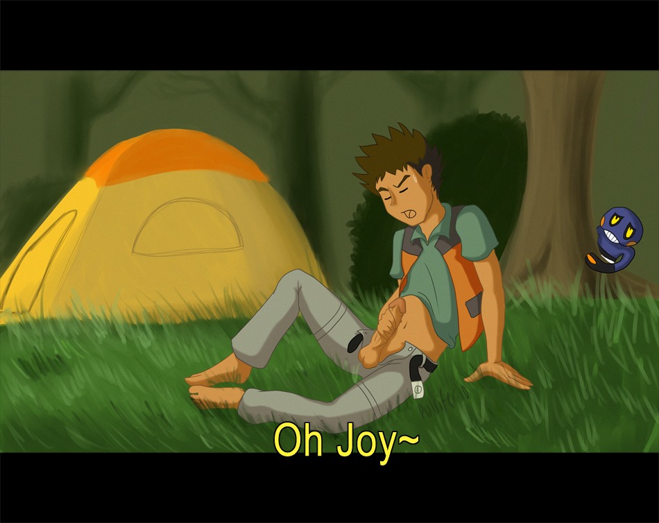 1boy barefoot brock_(pokemon) clothes color croagunk forest human male male_only masturbation outdoors penis pokemon pulsifer rule34 sitting tagme tent watching_masturbation