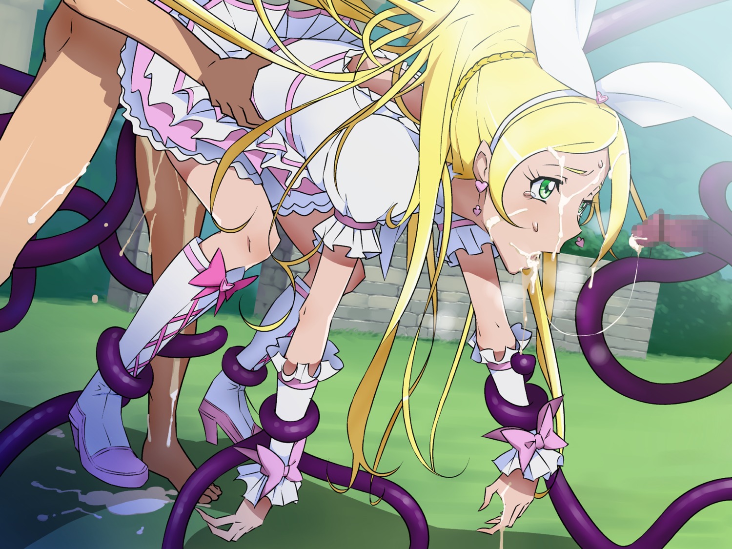 1girls blonde_hair censored clothed_sex clothing cum cum_on_face cure_rhythm dress facial female female_focus highres ice_place magical_girl minamino_kanade precure pretty_cure rape rule34 suite_precure tentacle