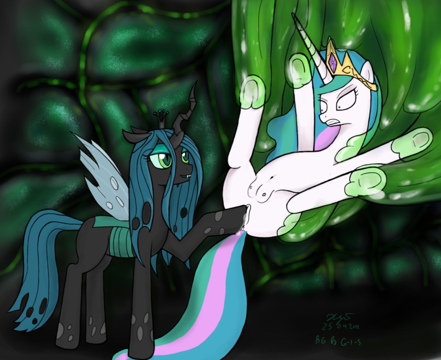 2012 arthropod changeling_(mlp) crown duo e621 equid equine female female/female feral friendship_is_magic gekasso genitals green_eyes hasbro headgear hi_res horn insect_wings interspecies mammal my_little_pony mythological_creature mythological_equine mythology princess princess_celestia_(mlp) queen_chrysalis_(mlp) restrained royalty rubbing spread_legs spreading tail teats unicorn vaginal vulva wings xyi