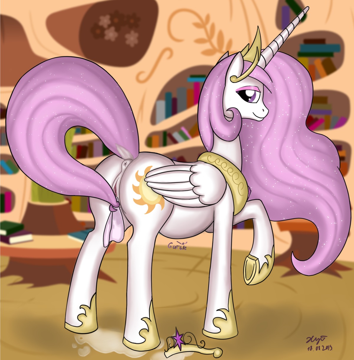 alternate_color anus belly bodily_fluids crown cutie_mark e621 equid equine fan_character feathered_wings feathers female feral friendship_is_magic fur genital_fluids genitals hair hasbro headgear hi_res horn inside jewelry mammal my_little_pony mythological_creature mythological_equine mythology pink_hair prehensile_tail princess_celestia_(mlp) princess_molestia purple_eyes solo suggestive tail text unbirthing vaginal vaginal_fluids vore vulva white_body white_feathers white_fur winged_unicorn wings xyi