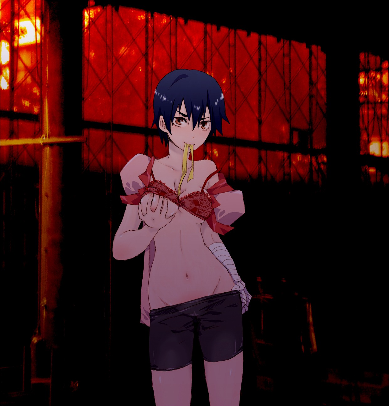 bakemonogatari bandage bandages bike_shorts bra bra_lift breast_hold breast_lift breasts covering covering_breasts female groping highres kachipiko kanbaru_suruga lingerie monogatari_(series) nipples open_clothes open_shirt rule34 school_uniform shirt short_hair solo underwear undressing